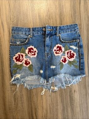 Free People Distressed Denim Mini Skirt with Red & Pink Rose Embroidery